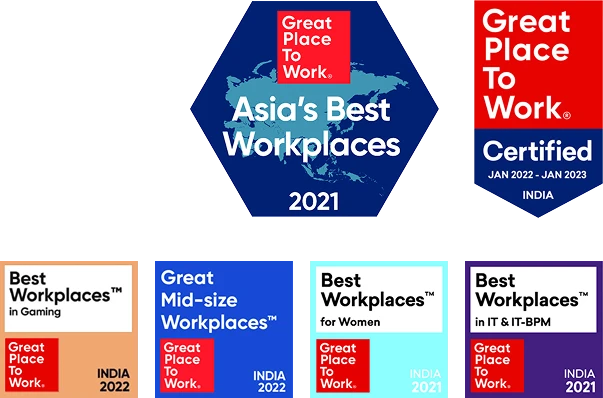 Great Place to Work badges including Asia's Best Workplaces and category recognitions